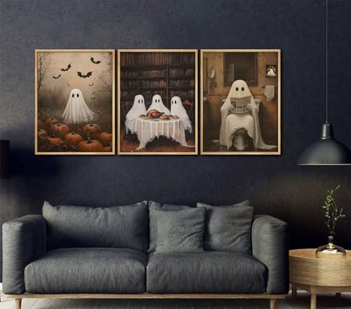 Halloween Ghost Canvas Wall Art Set - Spooky Bathroom Decor, 12x16 Inch Pumpkin Ghost Variation