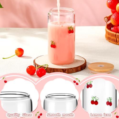 4-Pack Cherry Icon Glass Tumblers with Lid Straw & Brush - 17 oz Drinkware