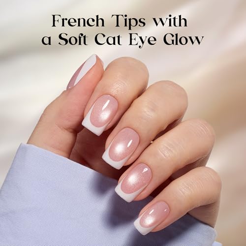 Beetles French Tip Press On Nails Short Squoval Cat Eye Nails Kit - Glassy Blush Variation 05