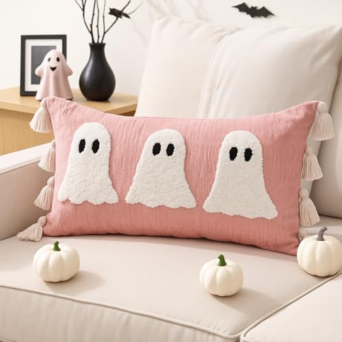 Halloween Ghost Lumbar Throw Pillow with Tassels - Pink, 14x26 Inches