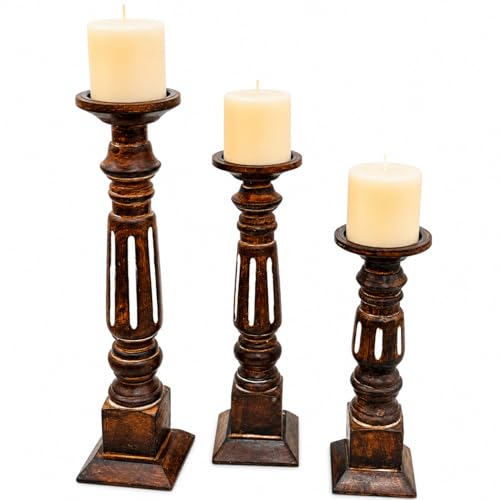 Set of 3 Rustic Mango Wood Candle Holders for Pillar Candles - Farmhouse Home Decor
