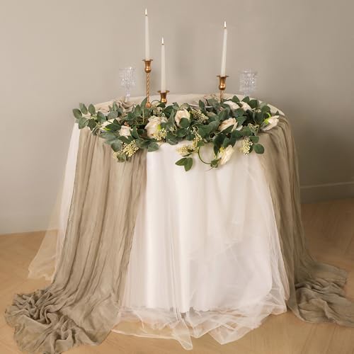 Nude Brown Cheesecloth Table Runner Set - 6 Pcs, 120 Inch Long Boho Decor