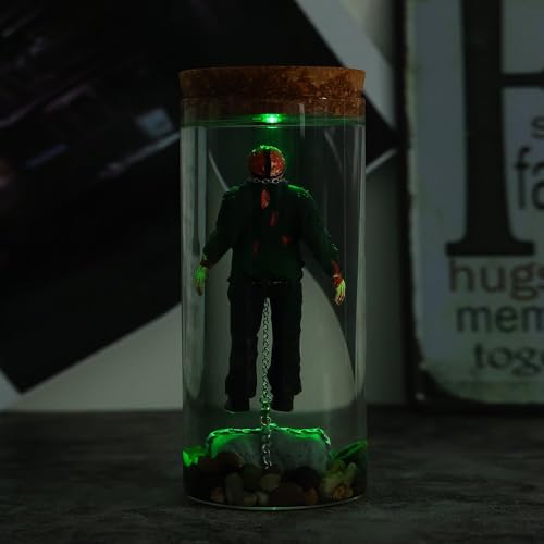 Horror Movie Ornament with Green LED Light - Jason in Glass Container - Unique Halloween Decor