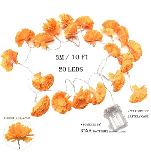 Marigold Garland Lights String - 10ft, 20 LED Artificial Flowers, Ø 3.5 Inches, Day of the Dead & Festival Decor