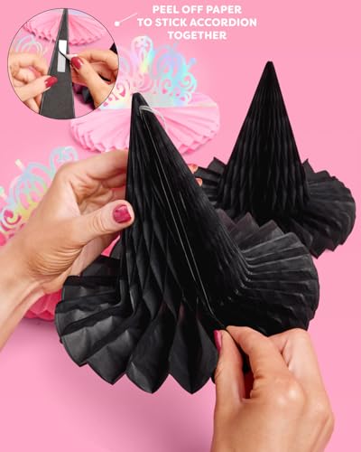 Small Witch Party Hanging Decor Set of 4 - Pink Tiaras & Black Hats, Iridescent Centerpieces