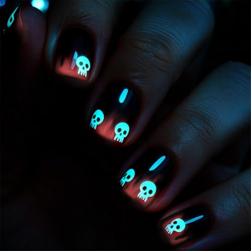 Halloween Short Square Fake Nails with Skull Glow in the Dark Design - Variation Hall04 (24Pcs)