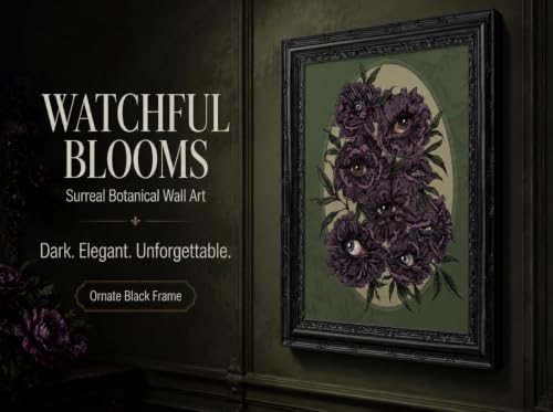 Gothic Dark Academy Wall Art - Surreal Purple Peony Floral Eye Canvas Print - 24x16 Inches