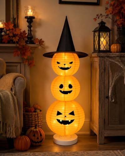 Halloween Jack O Lantern Pumpkin Paper Lantern Set with String Lights - 3 Lanterns