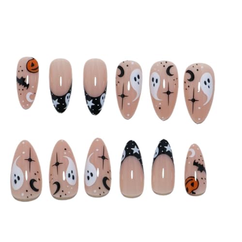 Halloween Press On Nails Medium Almond Fake Nails with Bat Pumpkin Ghost Design - Variation: Almond-10