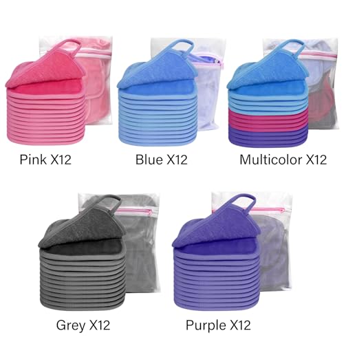 Multi-Color Reusable Makeup Remover Cloths - 6x6 Inch Microfiber Face Pads, 12 Pack with Travel Bag