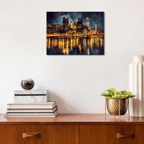 Pittsburgh Skyline Wall Art Canvas Print - Night Cityscape Panorama, 16x12 Inches, Modern Home Decor