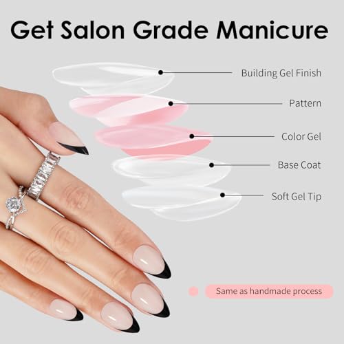 Black French Tip Press On Nails - Short Almond Fake Nails with Glue & Remover, Reusable Manicure Kit