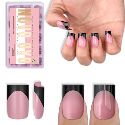 Short Sharp Square Nail Tips Black French Tip BERRY PINK - 15 Sizes, 240 pcs