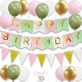 Happy Birthday Banner and Balloon Set - White Pink Green, 16 Balloons & Ribbons