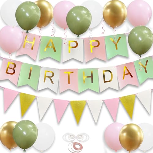 Happy Birthday Banner and Balloon Set - White Pink Green, 16 Balloons & Ribbons
