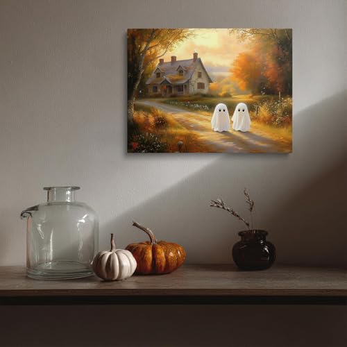 Halloween Ghost Wall Art Canvas 12x16 Inches Spooky Rustic Decor with Gold Accents