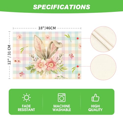Colorful Easter Bunny Ears Placemat Set of 4 - 12x18 Inch Holiday Table Mats, Blue/Pink
