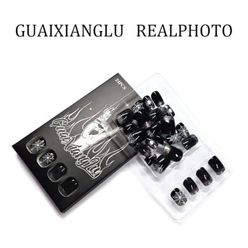 Halloween Press On Nails Short Square Black Nails with Spider Web Design & Glitter Tips - Reusable Fall Holiday Manicure 24Pcs - Color31