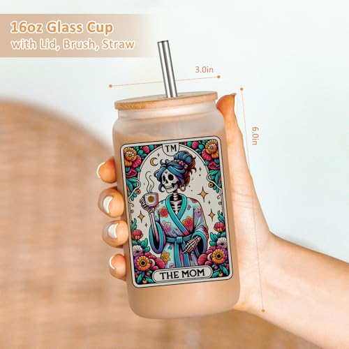 16oz Frosted Glass Iced Coffee Cup with Lid and Straw - Skeleton Mom Design