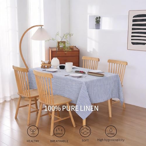 European Linen Tablecloth 60x108 Inches Blue Stripe - Rectangular, Machine Washable, 8-10 Sets