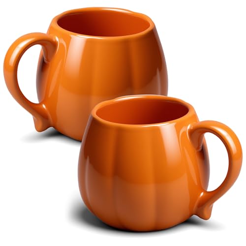 Set of 2 Pumpkin-Shaped Ceramic Coffee Mugs 14 oz Fall Halloween Thanksgiving