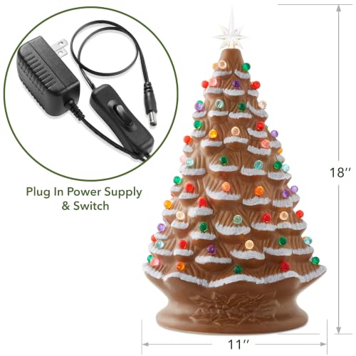 Brown Hand Painted Ceramic Christmas Tree - 18 Inch Pre-Lit Holiday Decor with Multi Color Lights & Star Toppers