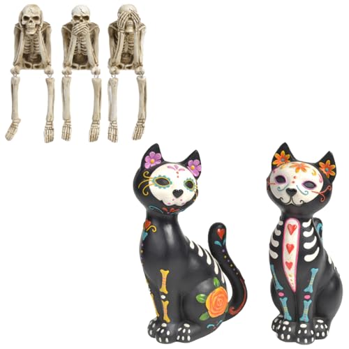 Day of the Dead Skeleton and Cat Figurine Set - Colorful Gothic Decor
