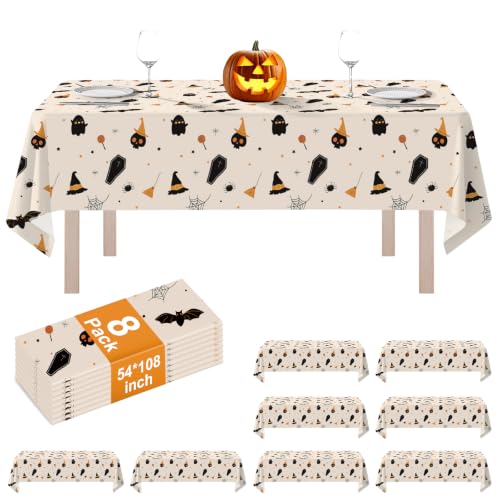 Halloween Plastic Tablecloth 54x108 Inches - 8 Pack, Milk White Grimace, Rectangular, Disposable Party Cover for 6-8 Foot Tables