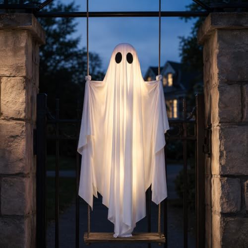 Large Outdoor Hanging Ghost Decoration with Lights - 5FT Spooky Halloween Yard Decor