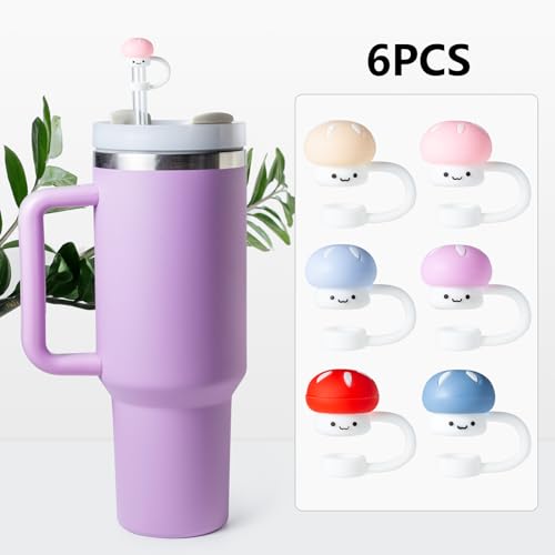 6Pcs Mushroom Silicone Straw Cover Caps - Reusable Pink Drinking Straw Toppers for Kids & Parties