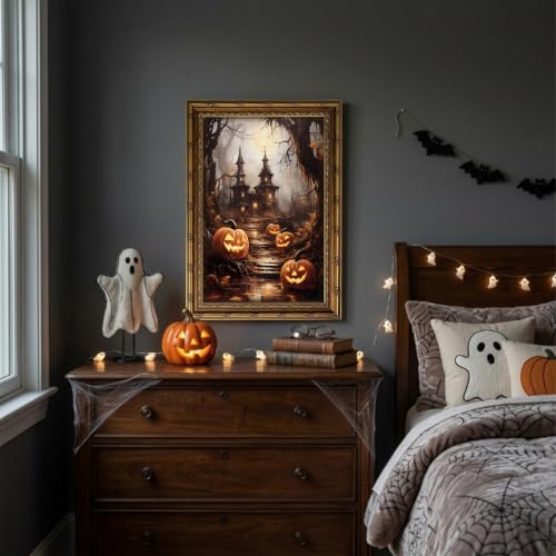 Haunted House Pumpkins Halloween Wall Art - Vintage Gold Framed Canvas, 24x16 Inches