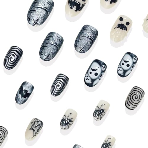 Halloween Press On Nails - Medium Oval Fake Nails with Spiders & Bats - Style-08, Black, 24Pcs