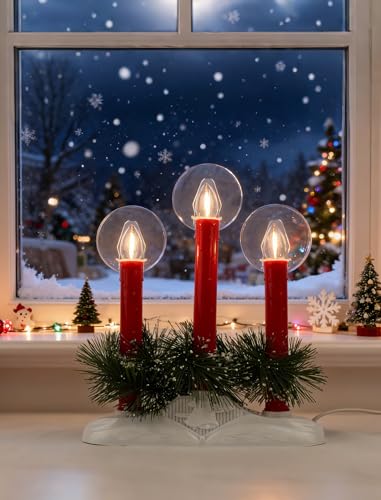 Red Plug-in Electric Window Candles 3-Light Flameless Christmas Candolier - Safe LED Lights