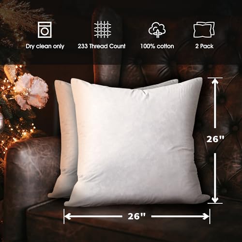 Euro Throw Pillow Set 2 Pack - 26x26 Inch Medium Firm Cotton Cushions