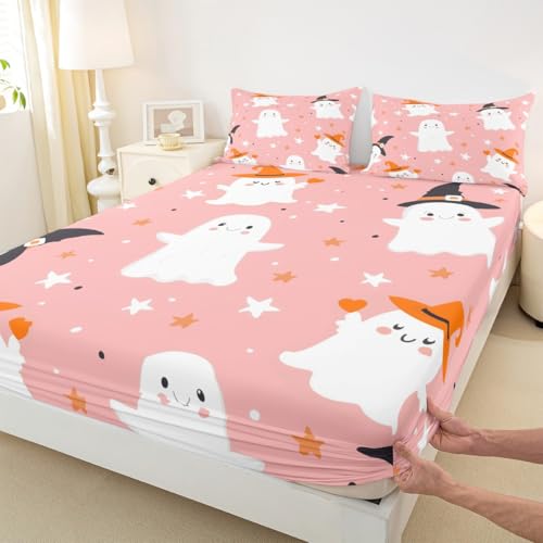 Feelyou Pink Halloween Fitted Sheet Twin Size for Boys & Girls - Variation: Pink White
