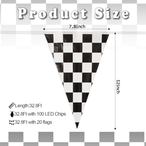 Light Up Checkered Flag Banner 33ft with Remote & 8 Modes for Sports Parties