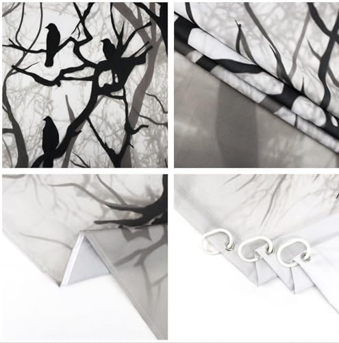 Misty Forest Shower Curtain Set 72x78 Inch Waterproof Polyester Bathroom Decor with Hooks - Black Grey Foggy Woods Birds on Tree Raven Halloween