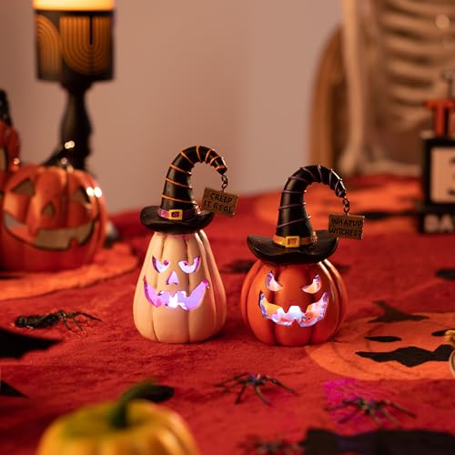 Medium Halloween Pumpkin Decorations Set - Resin Jack O Lantern Figurines with Light, Witch Hat, 5.7 Inches