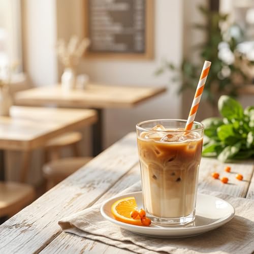 100 Pack Paper Straws - Orange & White Striped Disposable Drinking Straws for Parties