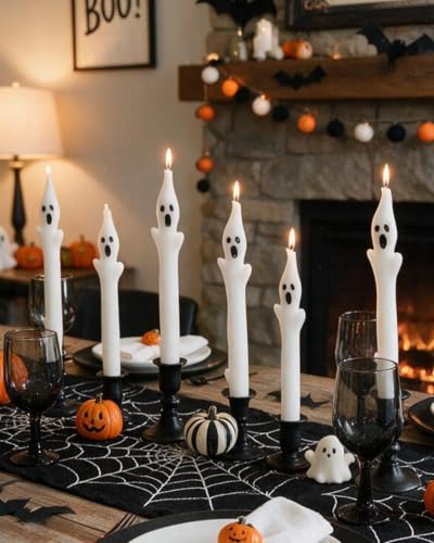 White Ghost Taper Candles Set of 6 - Spooky Halloween Dinner Decor, 10 Inch