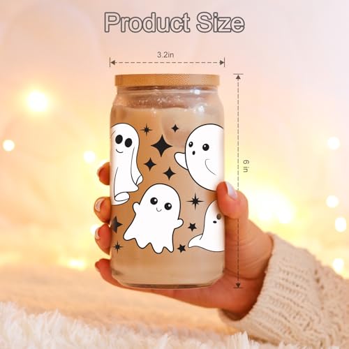 Halloween Ghost 16oz Tumbler Glass Cup with Lid & Straw - Spooky Drinkware