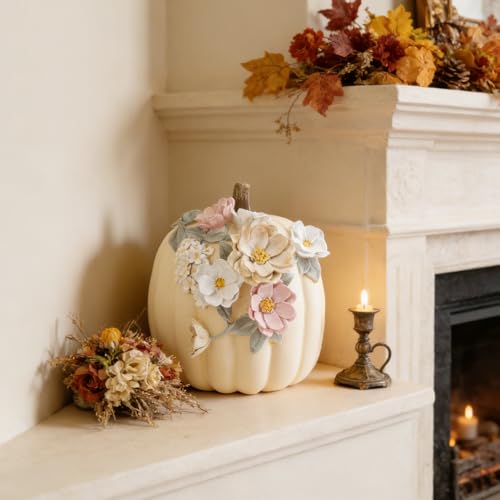 Creamy White Pumpkin Decor - 9-Inch Hand-Painted Resin Fall Halloween & Thanksgiving Decoration - Variation: Cream