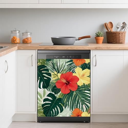 Tropical Flowers Magnetic Dishwasher Cover - Summer Palm Leaves Refrigerator Decor 23x26 Inch - Variation of This Listing