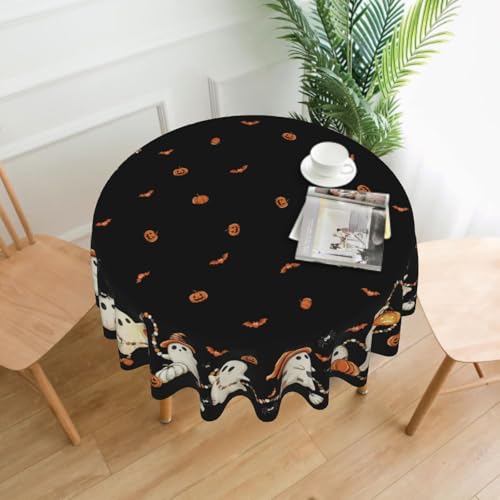 Halloween Round Tablecloth 60 Inch Ghost Jack-o'-Lantern Bats Water-Resistant Fabric - Ghost Variation