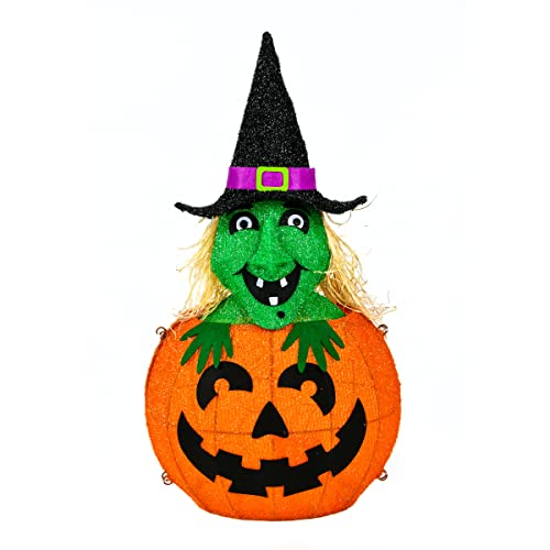 Halloween Lighted Sign Decoration with LED Lights - Pumpkin & Witch, 28 Inches