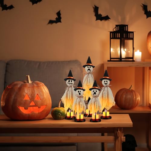 Halloween Ghost Decorations Set with LED Candles - Rustic Wooden Props, Indoor Use