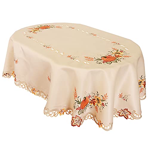 Autumn Harvest Pumpkin Embroidered Tablecloth 52x70 Inches for Thanksgiving - Oval Variation