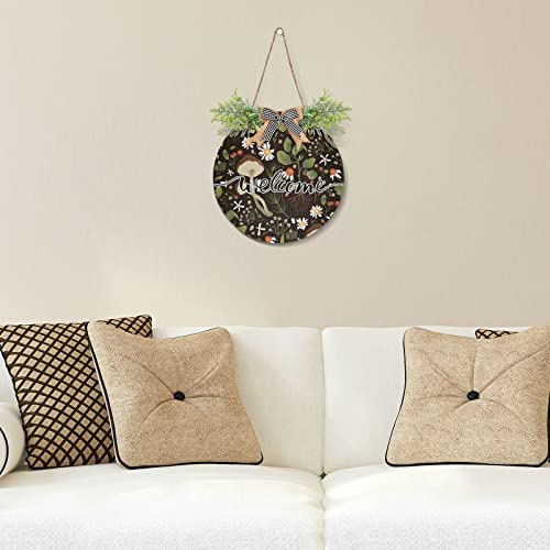 Mushroom Daisy Welcome Sign Farmhouse Front Porch Decor Door Hanging Wreath - 12 x 12 in