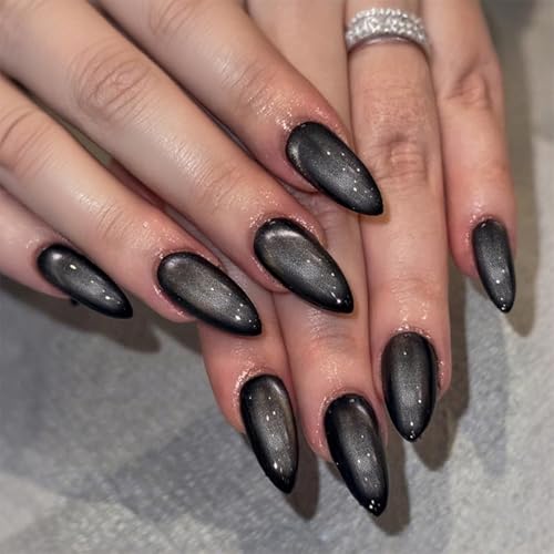 Black Press on Nails Medium Almond Fake Nails Goth Dark Style-4