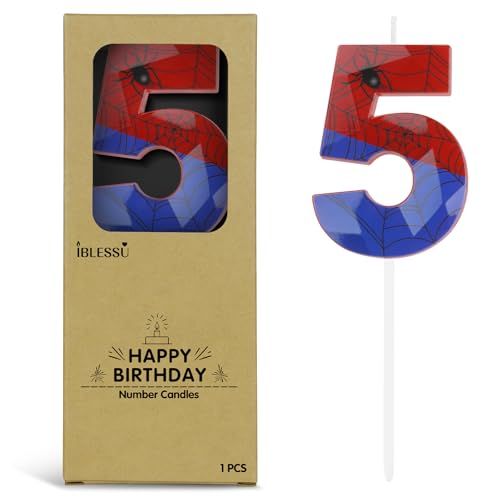 Number 5 Spider Themed Birthday Candle - Red & Blue Web Cake Toppers, 2.68 Inch, Variation: RedBlue / 5
